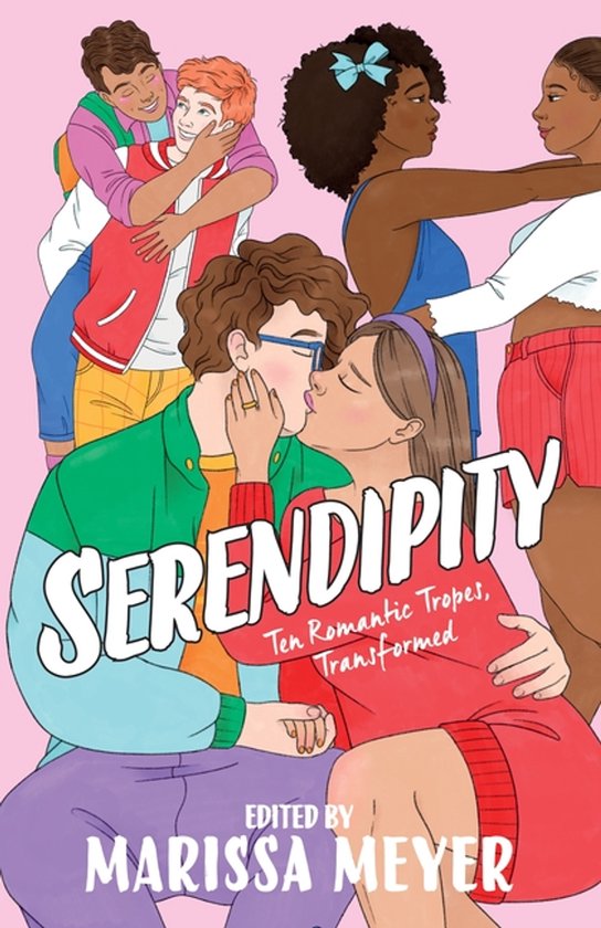 Geïllustreerde boekomslag van Serendipity met diverse koppels en de tekst 'Ten Romantic Tropes, Transformed'.