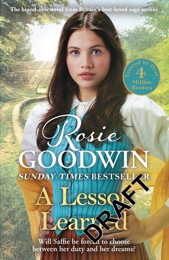 Boekcover van 'A Lesson Learned' van Rosie Goodwin. Een jonge vrouw met bruin haar staat centraal.