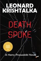Boekomslag: Leonard Krishtalka's "Death Spoke", een Harry Przewalski-roman, met een wielspak-achtergrond en de tekst "MIDWEST INDEPENDENT BOOK AWARD WINNER".