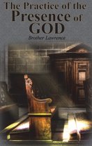 Boek kaft met de titel 'The Practice of the Presence of GOD' door Brother Lawrence, met een afbeelding van houten kerkbanken.