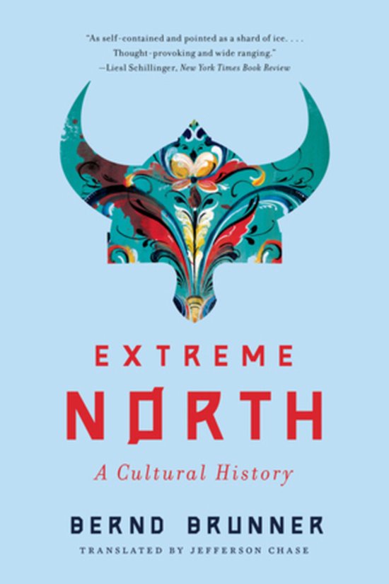 Boekhoes met een turquoise stierenkop met kleurrijk, oranje, geel en blauw ornament. Titel: EXTREME NORTH.