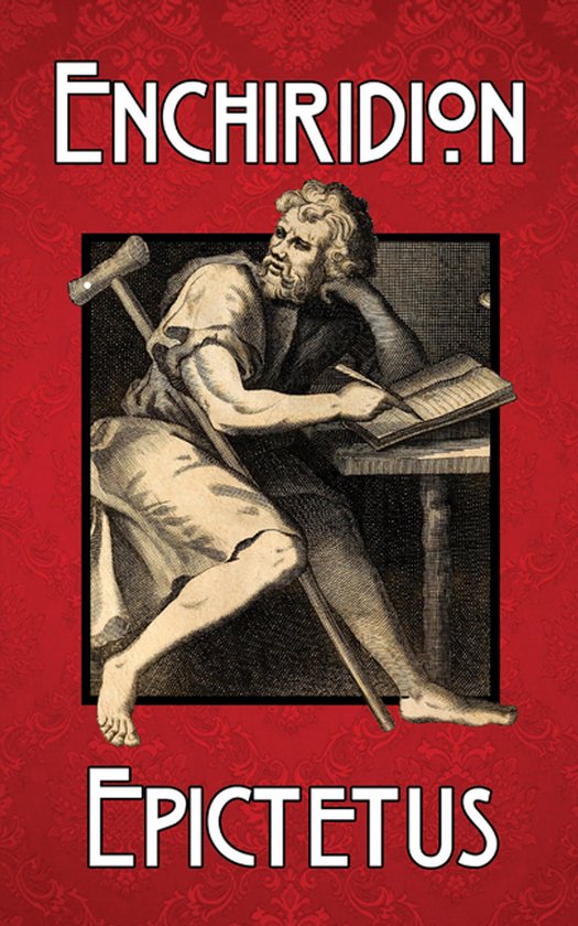 Enchiridion van Epictetus, met een afbeelding van een man zittend aan een tafel, schrijfend in een boek.
