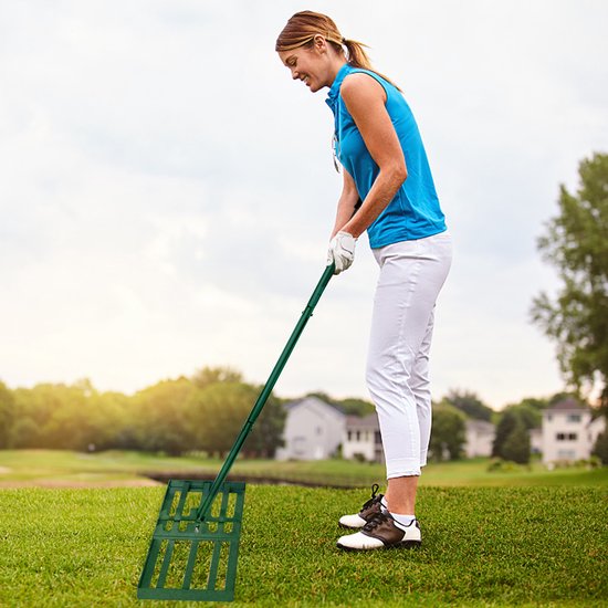 Aufun gras egaliseer rake leveling rake golf profi roestvrij staal nivellering hark met verstelbare steel voor golfbaan, tuin en hof (25×75 cm, groen) van Aufun — afbeelding 3