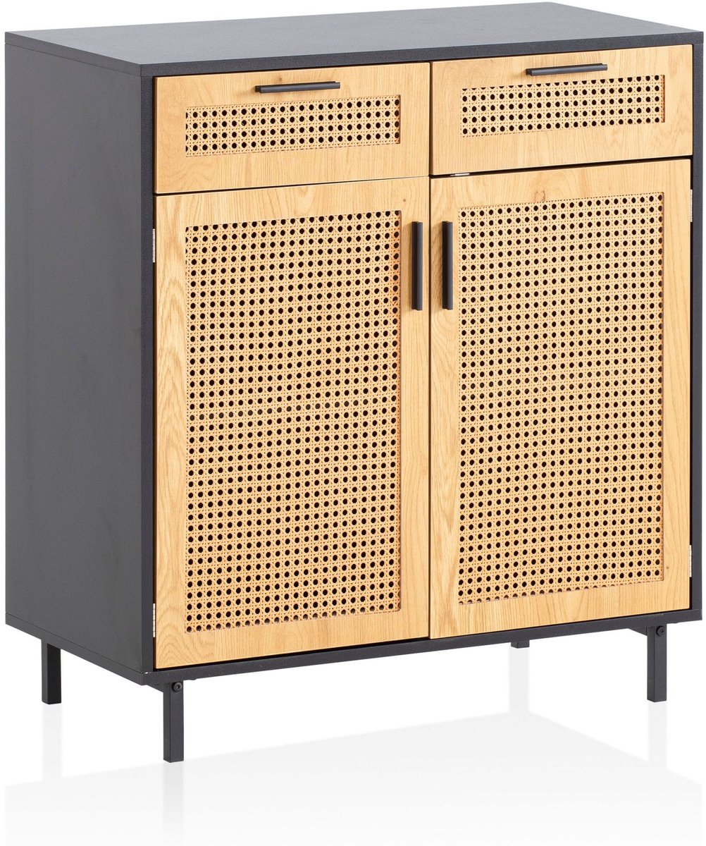 dressoir 80x86,5x40 cm ladekast zwart met Weens vlechtwerk, hoge ladekast tijdloos, staande kast woonkamer met 2 deuren en lades, dressoir rotan