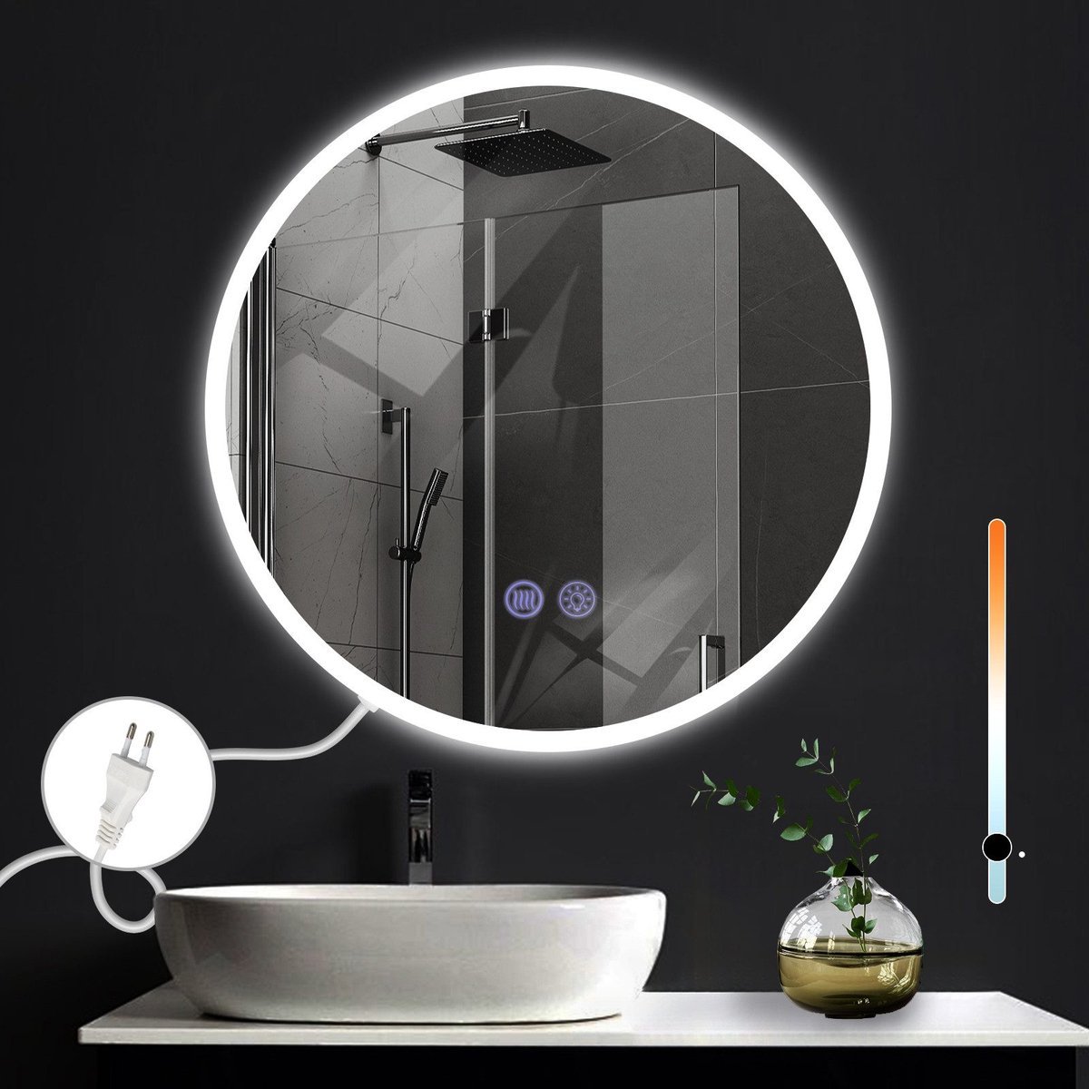 NETTLIFE Badkamerspiegel met LED Verlichting - 60cm - Ronde - Dimbaar 3000K-6500K - LED Wandspiegel - Explosiebestendig glas - Badkamerspiegel met aanraakspiegel - Nikkel