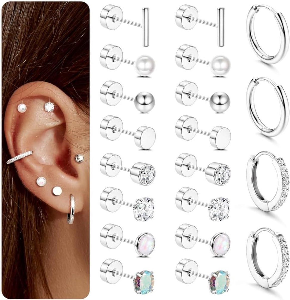 ZDE Titanium Flatback Oorbellen voor Vrouwen Aquamarijn Stud Oorknopjes Flat Back Vrouwen Hypoallergeen Kraakbeen Flatback Oorbel Tragus Helix Conch Piercing 3mm-5mm, 4MM, Titanium, Stras