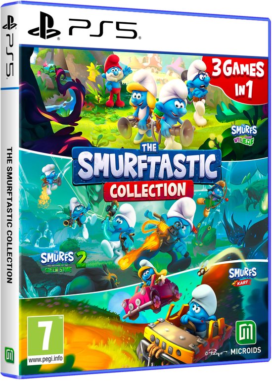 Hoes van het PS5-spel 'The Smurftastic Collection', met 3 games: Smurfs, Smurfs 2 en Smurfs Kart.