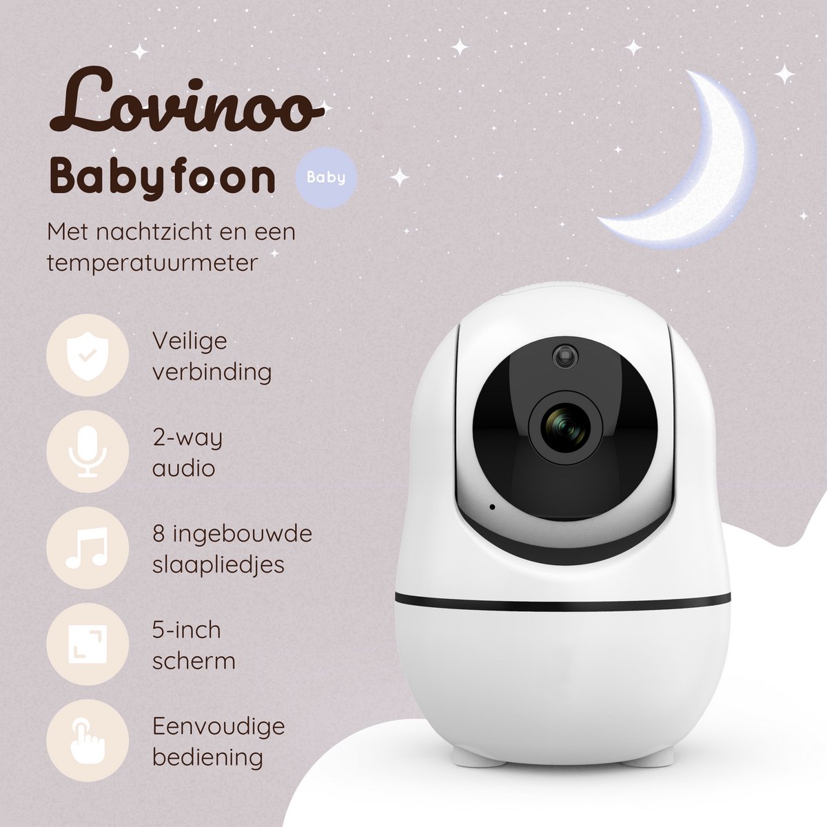 Afbeelding 2 van Lovinoo Babyfoon - Babyfoon met Camera – Baby Monitor - Hondencamera - Huisdiercamera - Op Afstand Bestuurbaar - Uitbreidbaar Tot 4 Camera's - Temperatuursensor - Terugspreekfunctie - Video & Audio – Baby Camera - 5.0 Inch Scherm