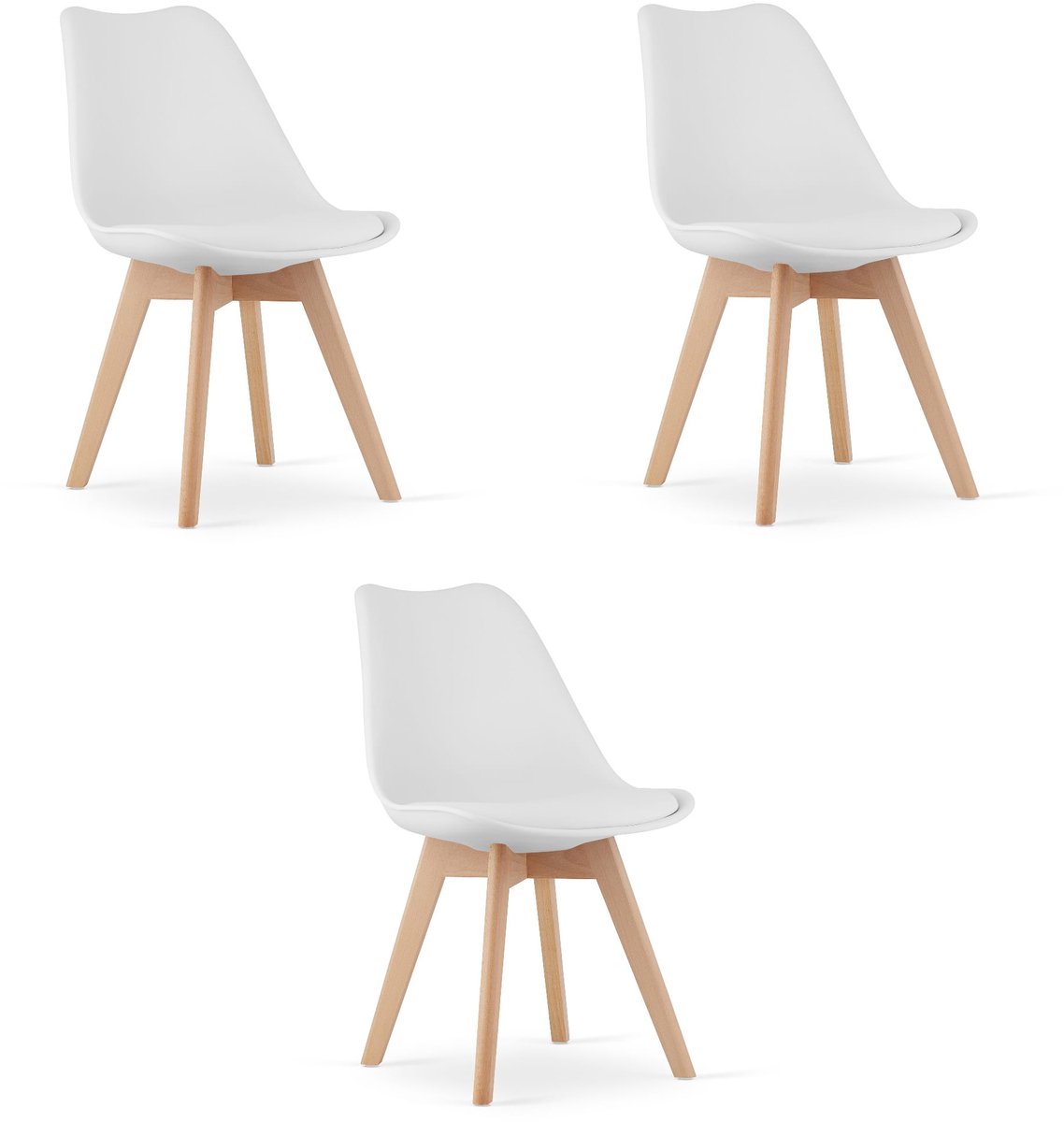 LEOBERT Set van 3 Stoelen MARK – Wit, Beukenhouten Poten, Kunststof Zitting met Kunstlederen Kussen, Strak Design, Ergonomisch, Geschikt voor Keuken, Eetkamer, Kantine en Werkruimte, Max. 120 kg
