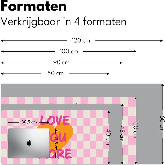 Sous-main 120x60 cm - Tapis de souris Valentine - Love - Rose - Oranje - Tapis de bureau - Tapis de souris XXL - Sous-main - Grands Tapis de souris - Organiseur de bureau - Sous-main