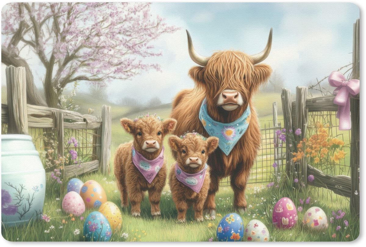 Muismat 27x18 cm - Mousepad Schotsehooglanders - Paaseieren - Lente - Muismatten