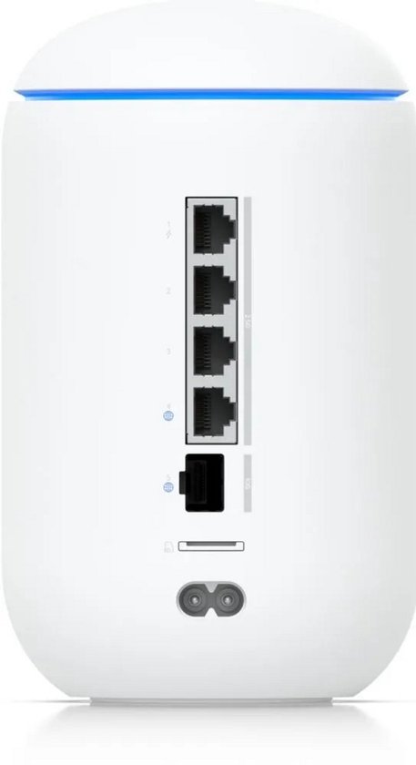 Zijaanzicht van een witte, cilindrische router met vier Ethernetpoorten, een USB-poort en een stroomaansluiting.