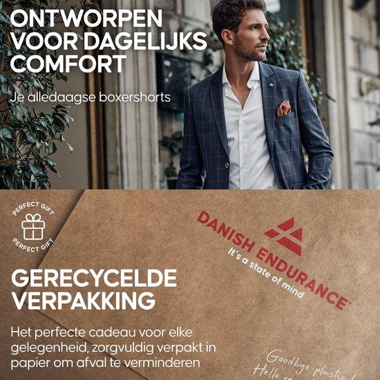 Man in een pak met ruitpatroon. Gerecyclede verpakking met logo DANISH ENDURANCE.