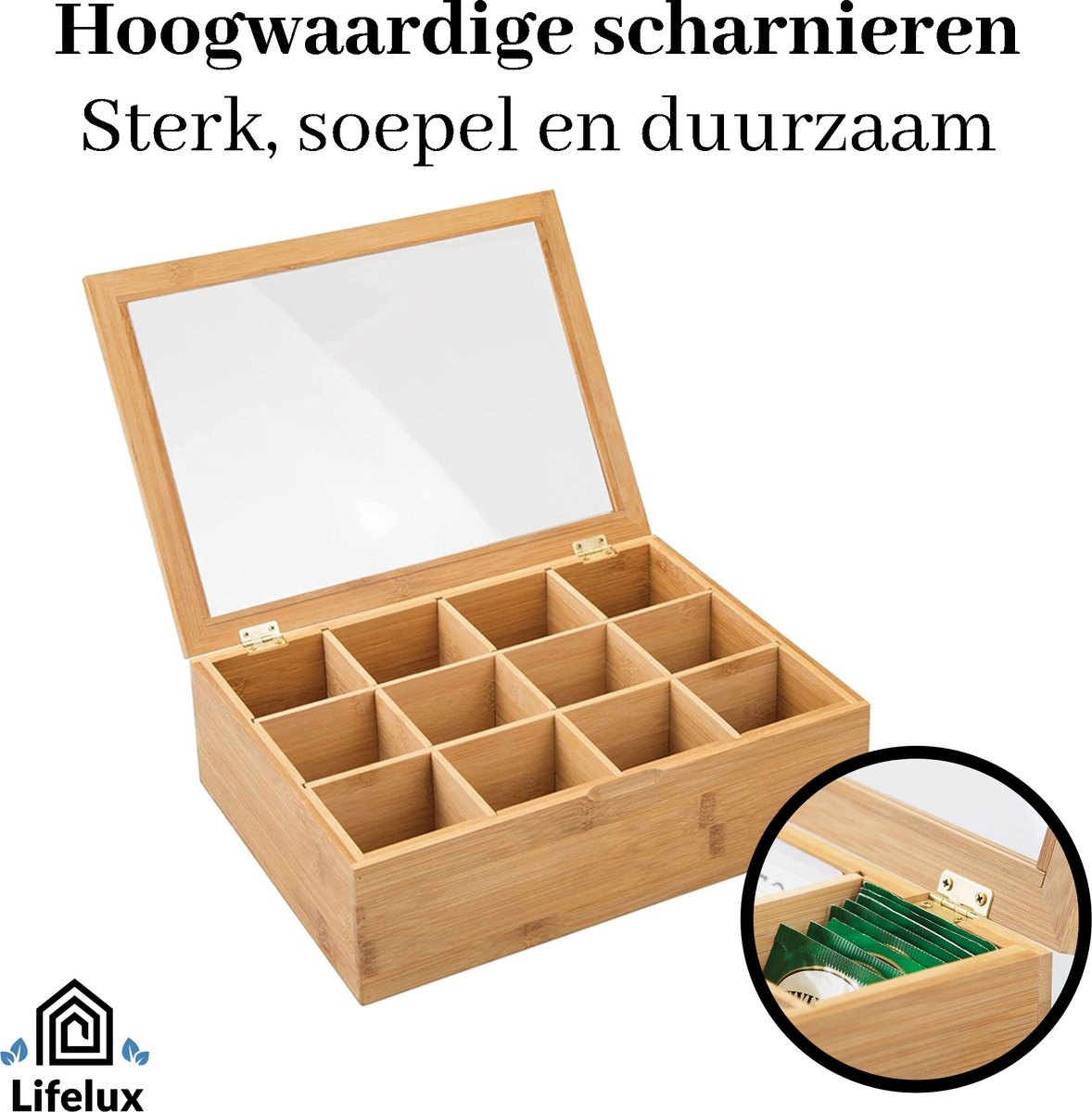 LifeLux Luxe Bamboe Theebox 12 vakken – Stijlvolle Thee Opbergdoos met Doorzichtige Bovenkant | Organizer voor Theezakjes & Accessoires — cadeau in Wonen & Interieur - foto 3