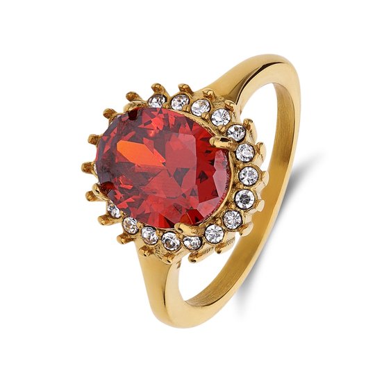 Bague femme Lucardi en acier plaqué or avec zircone rouge - Ring - Acier - Couleur or - 19/60 mm
