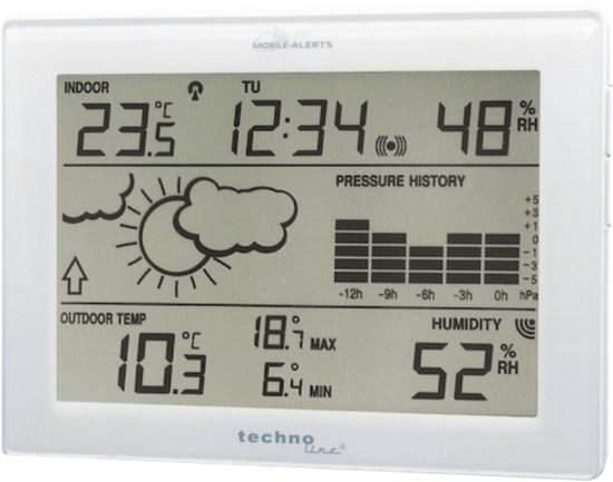 Foto: Weerstation inc zender weersvoorspelling en omstandigheden radio gestuurde klok datum wekkerfunctie technoline mobile alerts 10410