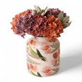 WinQ-Zijden Boeket met Hortensia in Terra, Coral en Mauve- gebonden boeket met groen-Kunstbloemen-ex. vaas