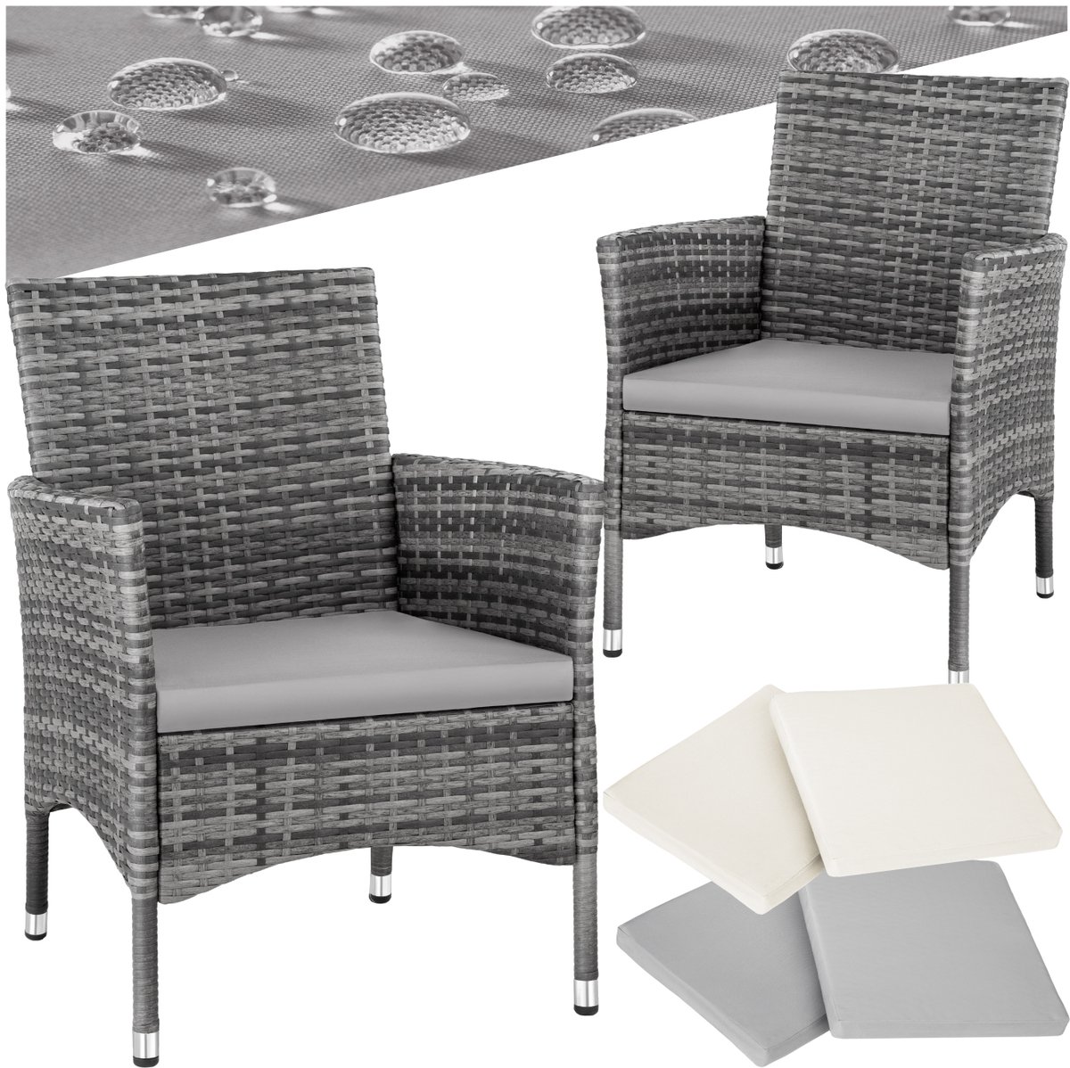tectake® - Wicker tuinstoelen - Set van 2 - UV-bestendig - Stalen frame - Regenbestendige afneembare hoezen in 2 twee kleuren - Voor terras of balkon - grijs