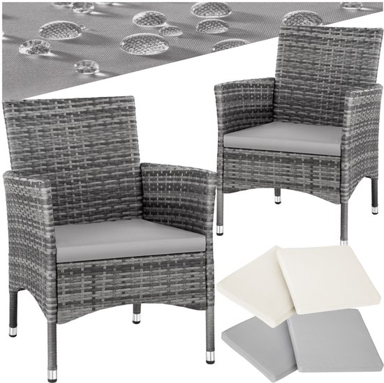 tectake® - Wicker tuinstoelen - Set van 2 - UV-bestendig - Stalen frame - Regenbestendige afneembare hoezen in 2 twee kleuren - Voor terras of balkon - grijs
