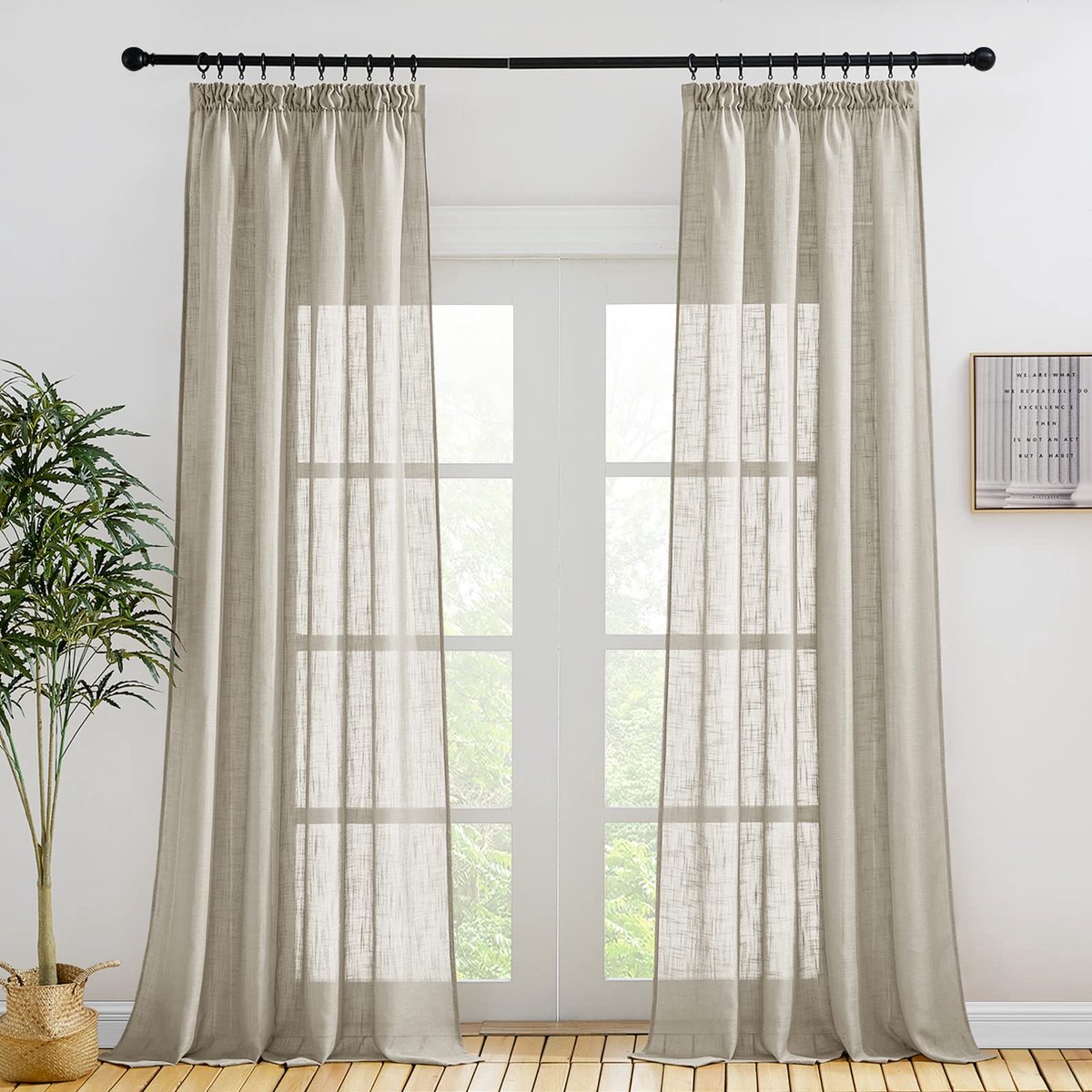 Unyqoos Geraffineerde Landelijke Gordijnen Met Linnenlook, Half-Transparant, 245 x 140 cm, Taupe, Set Van Twee Stuks beige