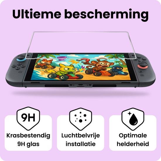 Glazen screenprotector geplaatst boven een Nintendo Switch met racegame.