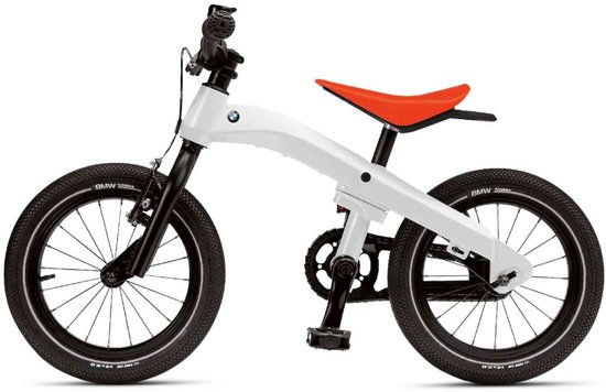 BMW Kids Bike 14inch – Kinderfiets en Loopfiets in Eén – Wit met Oranje Zadel – Aluminium Frame – Voor Kinderen vanaf 3 Jaar – 14 Inch Wielen – Met Terugtraprem & V-Brake