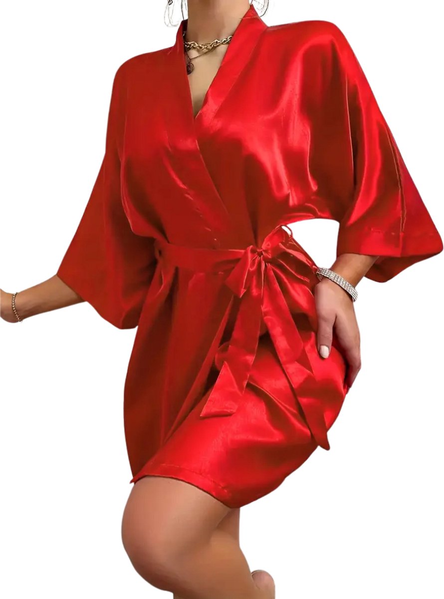 Nivard Satijnen Badjas Dames - Kimono - Kamerjas - Satijn - Ochtendjas - Pyjama - Rood - M