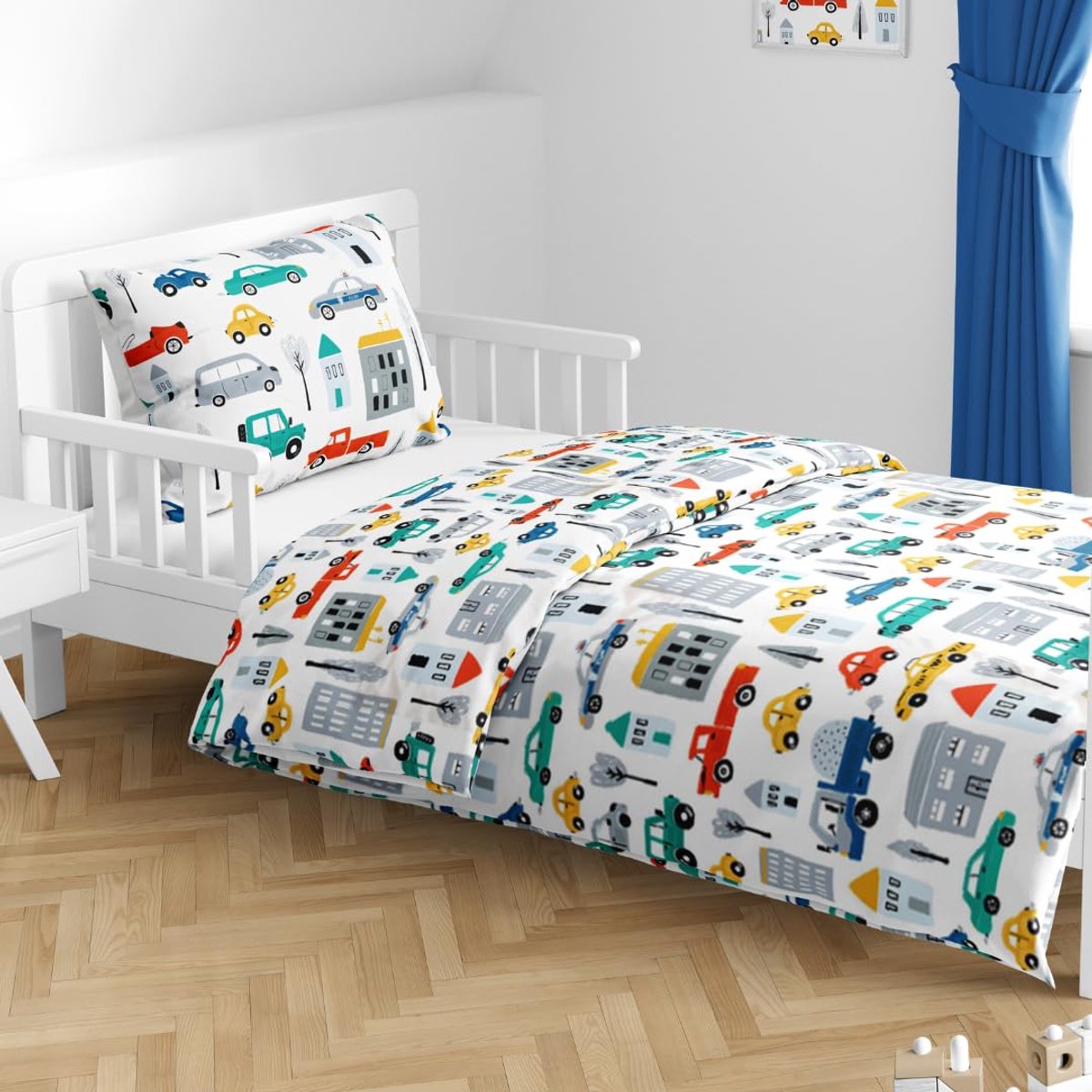 Unyqoos Speels Kinderbeddengoed met Voertuigthema voor Jongens, 100% Katoen, 100 x 135 cm, Inclusief Kussensloop kleur