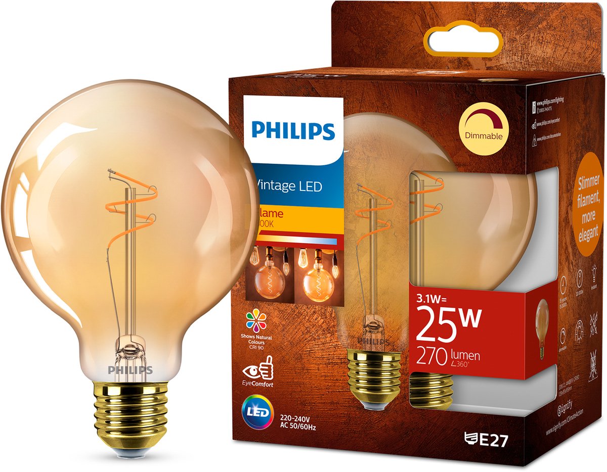 Philips ampoule LED vintage ambrée, 25W, culot E27, blanc chaud 1800K