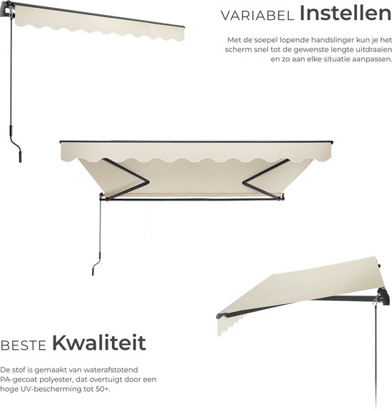 Drie weergaven van een beige zonnescherm met gekartelde rand, dat variabel in te stellen is met een handslinger.