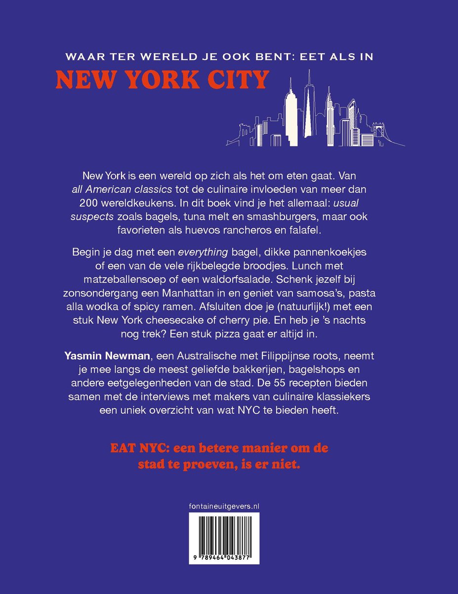 Boek EAT NYC: De meest iconische recepten uit New York. Met een skyline van New York op de achtergrond.