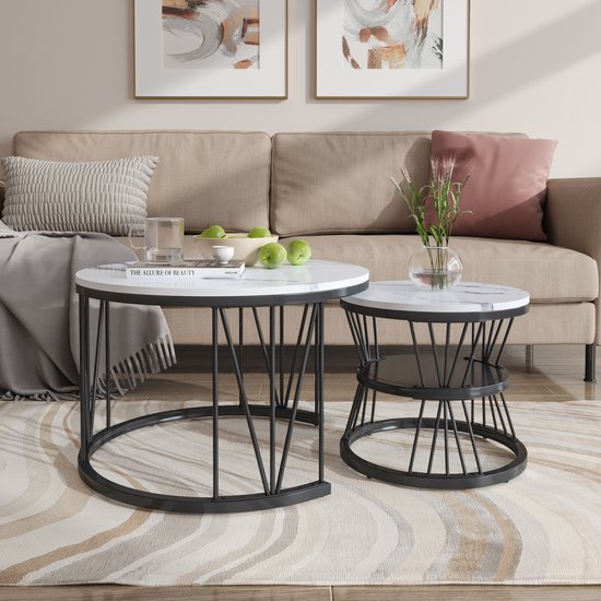 Set de 2 tables basses rondes 70/45 cm, plateau en V Étagère dorée + plateau blanc avec motif marbre, convient pour salon, salle de café, salon - Wit avec Zwart