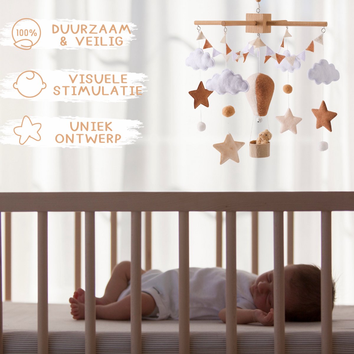 Joymaxx® Mobiel Baby Luchtballon met Houten Houder - Baby Mobiel voor Box - Neutrale Kleur Babykamer Decor - Boxmobiel Vilt en Hout - Wiegmobiel- Kraamcadeau- Muziekmobiel baby- Box Accessoires – foto 4