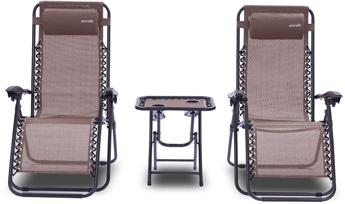 SereneLife Ligstoel set van 2 – Verstelbare Buitenkamerstoel met Afneembaar Bekerhouderblad en Zijtafel en 2 Bekerhouders – Inklapbare Relaxstoel met Verwijderbare Kussens