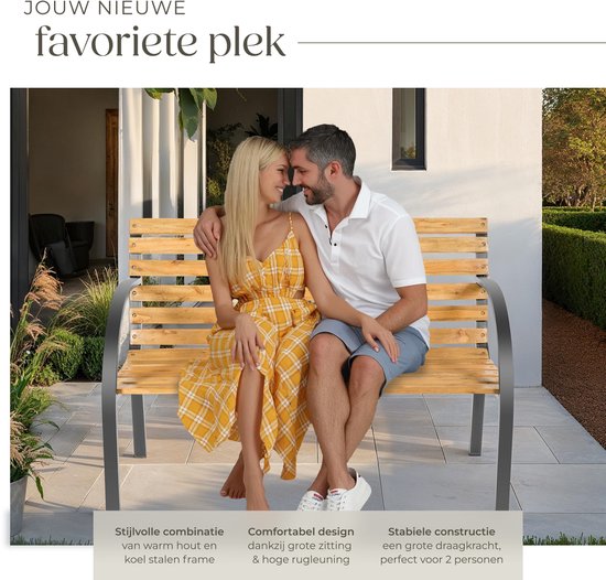 tectake® 2-zits Tuinbank Michaela - Weerbestendig - 119,5 x 62 x 83 cm - Tuin Bank van Hout in Landhuisstijl - Romantische Balkonbank - Houten Tuinbanken - Tuinbankjes