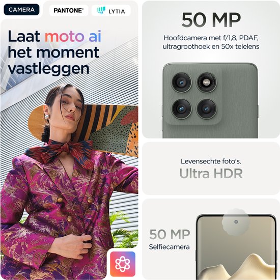 Motorola Edge 60 Pro camera met 50MP hoofdcamera, 50MP selfiecamera en Ultra HDR.
