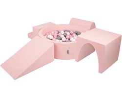 KiddyMoon schuimspeelplaats met rond ballenbad (300 ballen) ballenbakken voor baby's speelbad hindernisbanen, made in the eu, roze:wit/grijs/poederroze