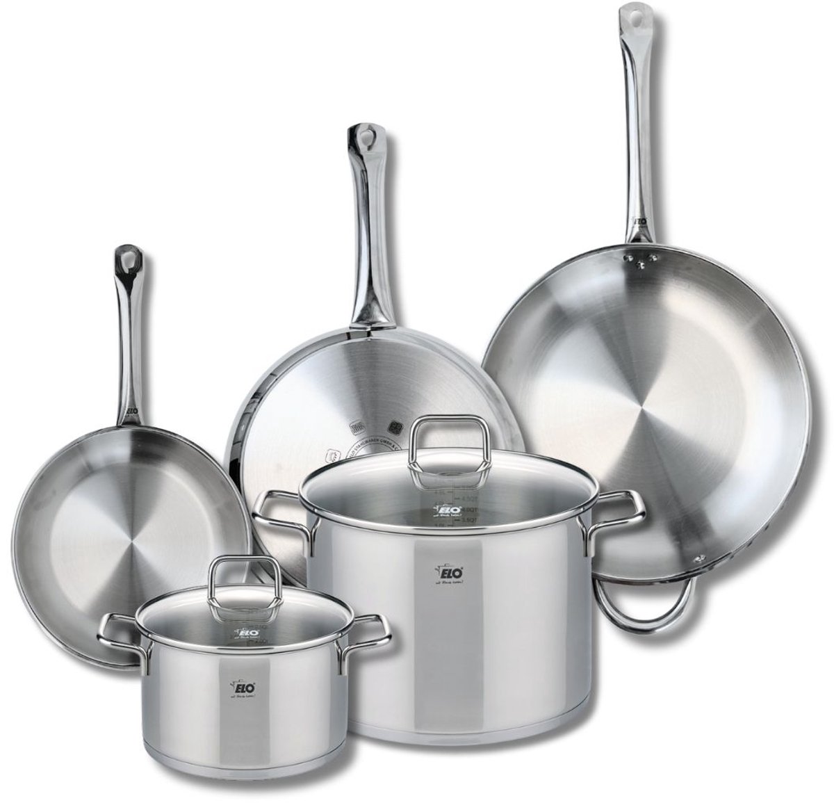 Set van 3 Koekenpannen 24, 28 en 32 cm en 2 braadpannen 20 en 26 cm Elo Profi Citrin