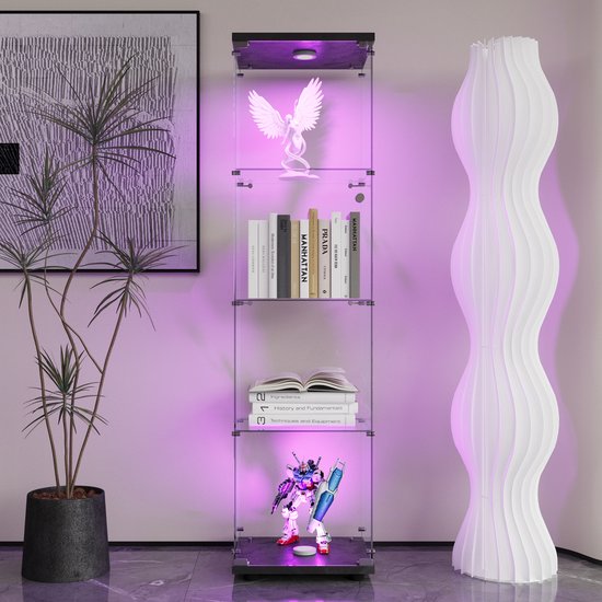 Vitrinekast in glas met LED, Moderne vitrinekast met 4 planken in ESG-glas, Collectievitrine voor Bar, Woonkamer, 164 x 42,5 x 36,5 cm, Zwart