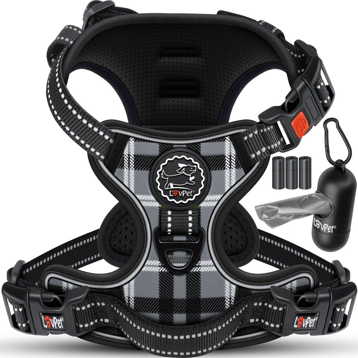LOVPET® Reflecterende Hondentuigje - No pull & choke Hondenharnas - Anti-trek tuig - Verstelbaar Harnas met Handvat - inclusief Buideltasje - Grijs - S