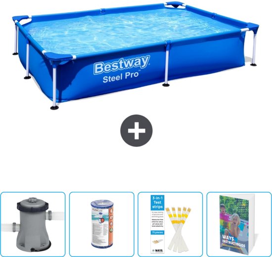 Bestway Steel Pro zwembad met filterpomp, filter cartridge, teststrips en handleiding.