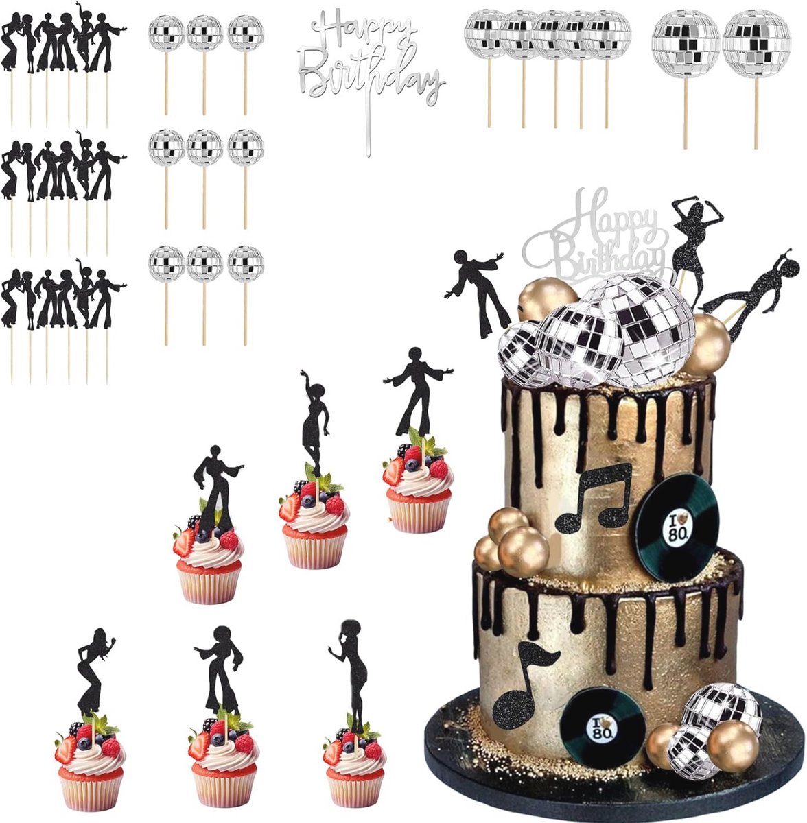 Discobal Taartdecoratie Set met 16 Stuks en Dansende Mensen voor Feestjes