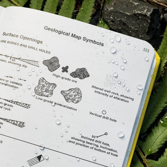 Pagina uit een geologisch notitieboek met 'Geological Map Symbols', waterdruppels en een deel van een groene plant.