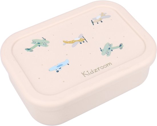 Beige lunchtrommel met een print van vijf cartooneske vliegtuigjes.