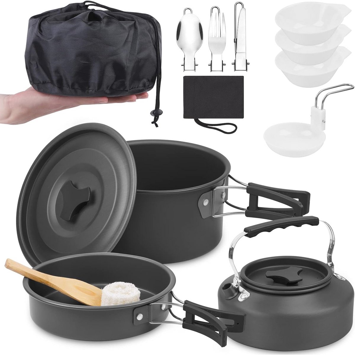 Campingkookset voor 2-3 personen - 12-delige aluminium opvouwbare set