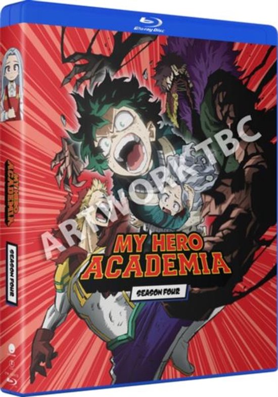My Hero Academia: Seizoen Vier Blu-ray hoes, rode achtergrond met anime-personages in gevecht.