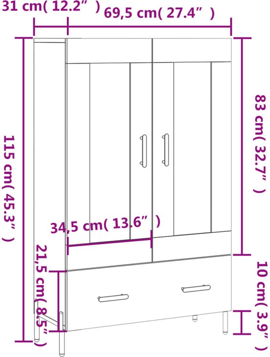 vidaXL Armoire vidaXL Armoire haute - 69,5 x 31 x 115 cm - Wit - Armoire de cuisine