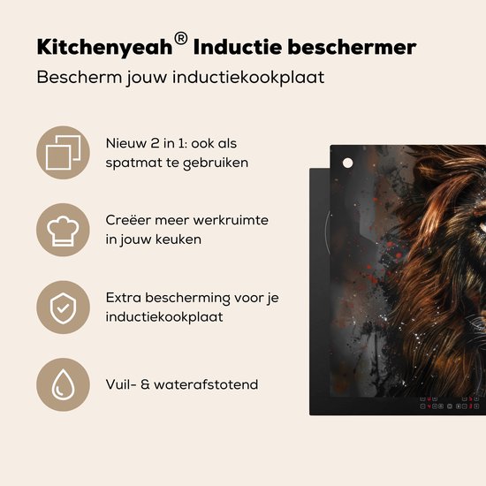 KitchenYeah® Protection plaque induction 85x50 cm - Lion - Animal - Peinture - Noir - Protege plaque de cuisson - Couvre plaque induction - Protecteur d'induction - Cuisine