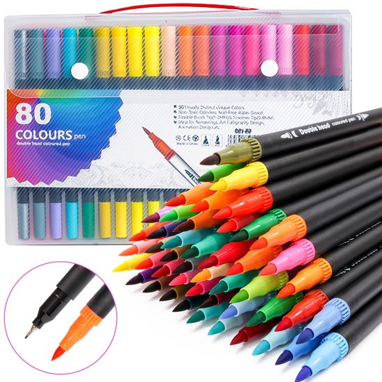 Set de feutres pinceaux Dual face 80 couleurs, Set de Feutres avec étui de transport, feutres double face, Feutres épais et fins, Stylos pour Bullet journal, calligraphie, Manga, Albums à colorier et à main