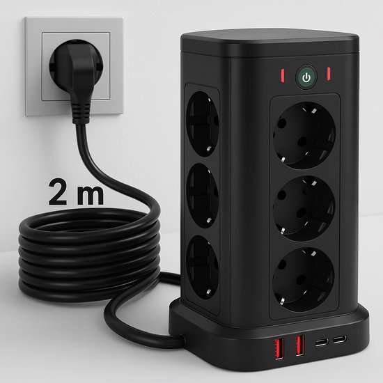 Zwarte stekkerdoos toren met 12 AC-uitgangen en 2 USB-A + 2 USB-C poorten, aangesloten met een 2m snoer.
